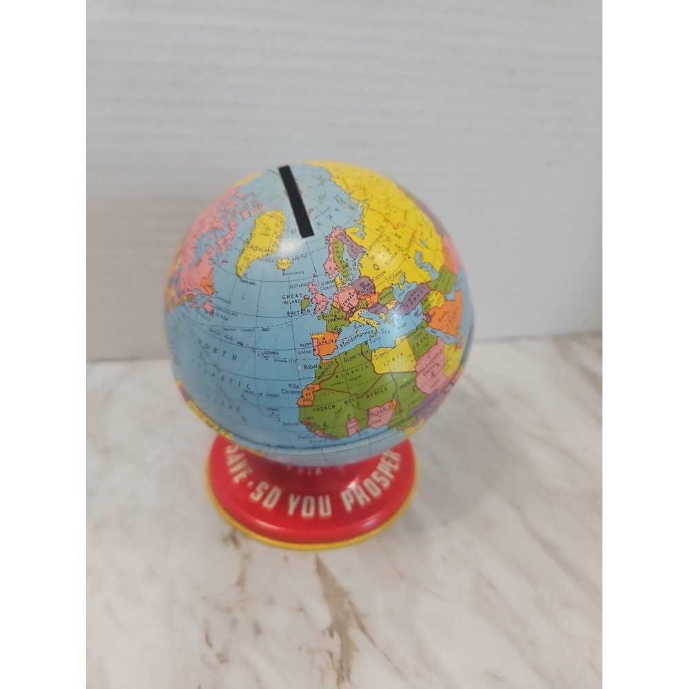 Ohio Art World Globe Tin Coin Bank Vintage Old Toy Made In USA